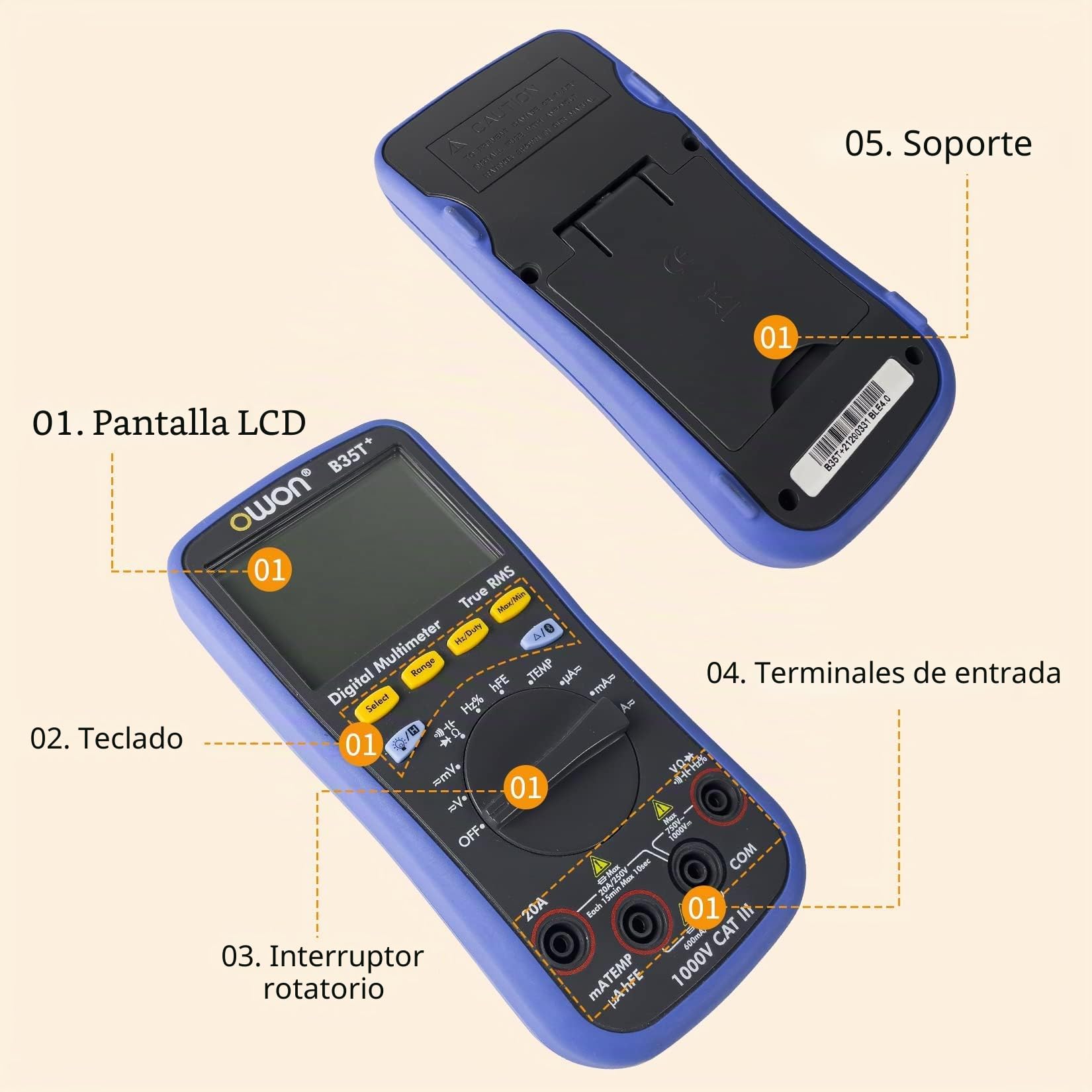 OWON B35T+ Multímetro Digital 6000 Count Auto Range Digital True RMS Multímetro Inteligente con Bluetooth 4.0 (Android e iOS) y Función de Grabación de Datos Sin Conexión Tester Electricista
