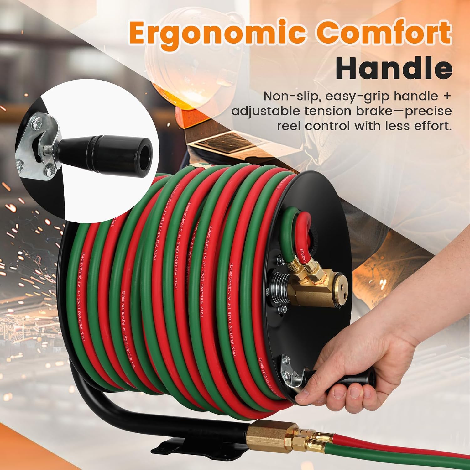 Manual Twin Welding Hose Reel Set, 1/4" ID 100ft Oxygen Acetylene Hose (Max 300 PSI, Grade T), Includes 3ft Lead-in Hose & 9/16"-18 B Fittings, Heavy Duty Steel Mount for Wall/Ceiling/Cart