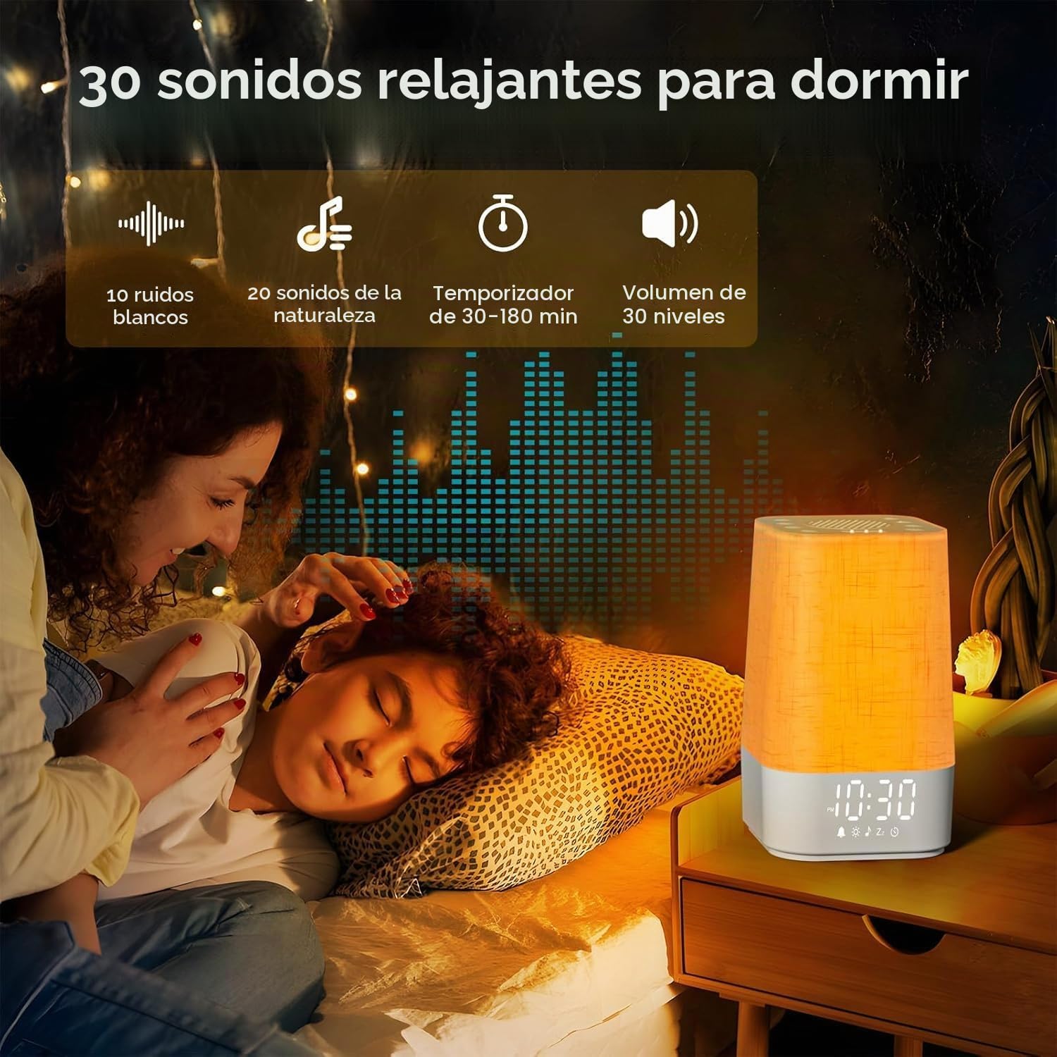 Despertador luminoso simulador de amanecer, lámpara de noche regulable con función de carga, Snooze, temporizador y luz