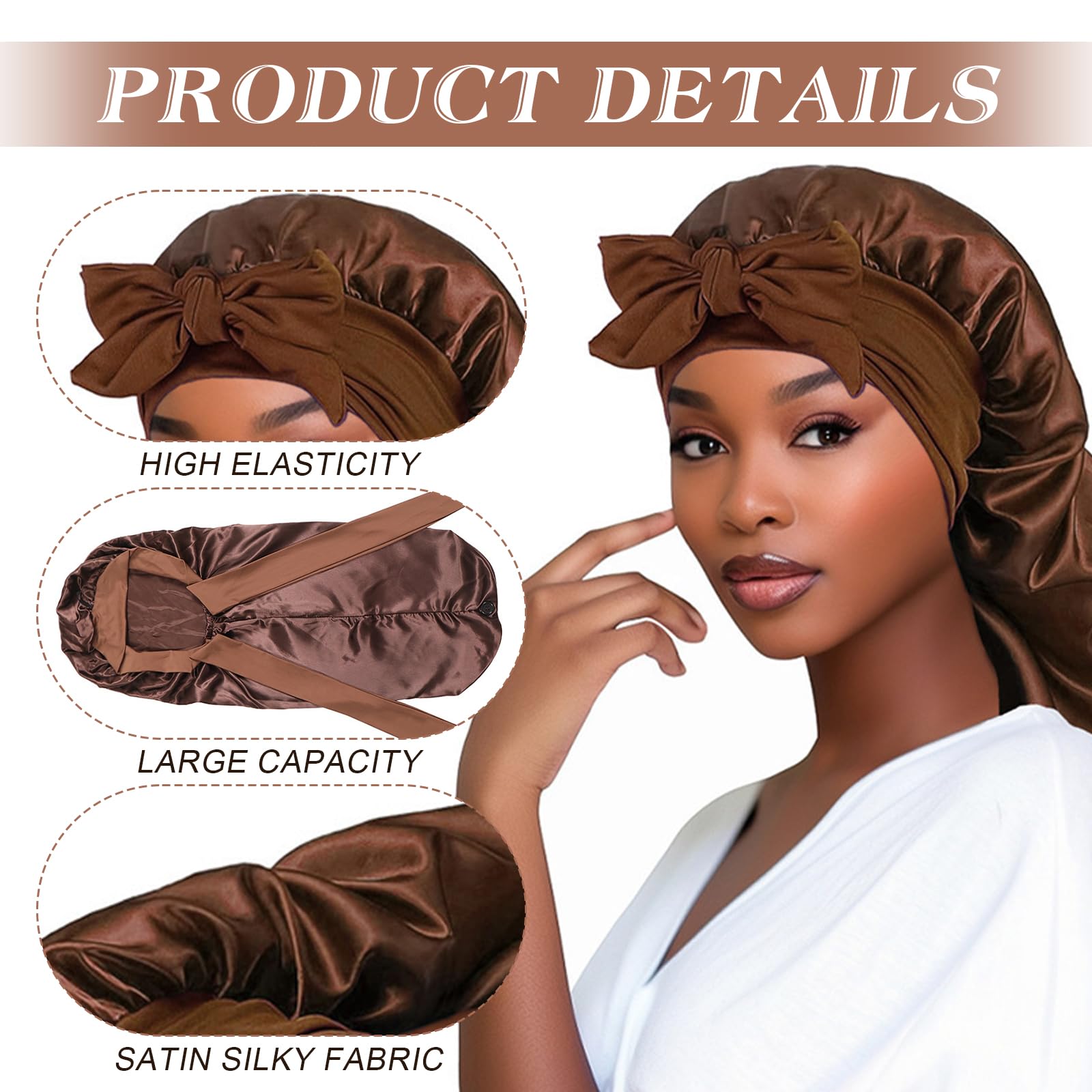 Satin Bonnet Extra Long Silk Sleep Bonnets for Women Adjustable Satin Night Sleeping Cap with Elastic Band Silk Hair Cap for Sleeping Hair Bonnet for Long Curly Hair Braid (Black - Image 3