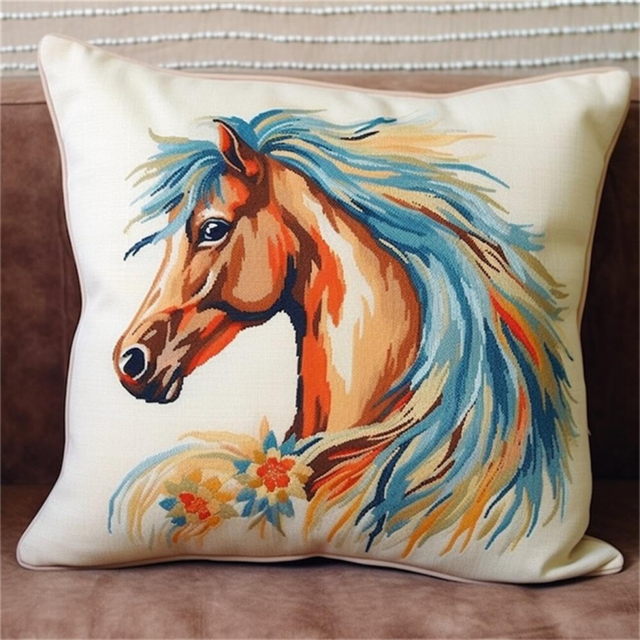 Henypt 9CT Cross Stitch Cushion Kits for Adults Horses Animal DIY Cushion Embroidery Kit Needlepoint Handmade Needlework Cushions Kits Stitched Pillow Cover Set for Adults Beginners 45x45cm