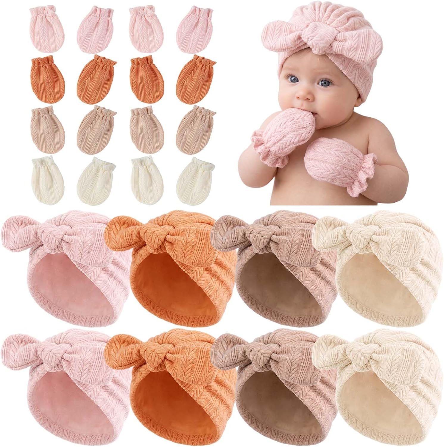 Newborn Baby Girls Hats Mittens Sets Bowknot Newborn Hospital Hat Beanie Preemie Infant Bow Hats Baby Cotton Gloves for 0-3 Months Multicolor