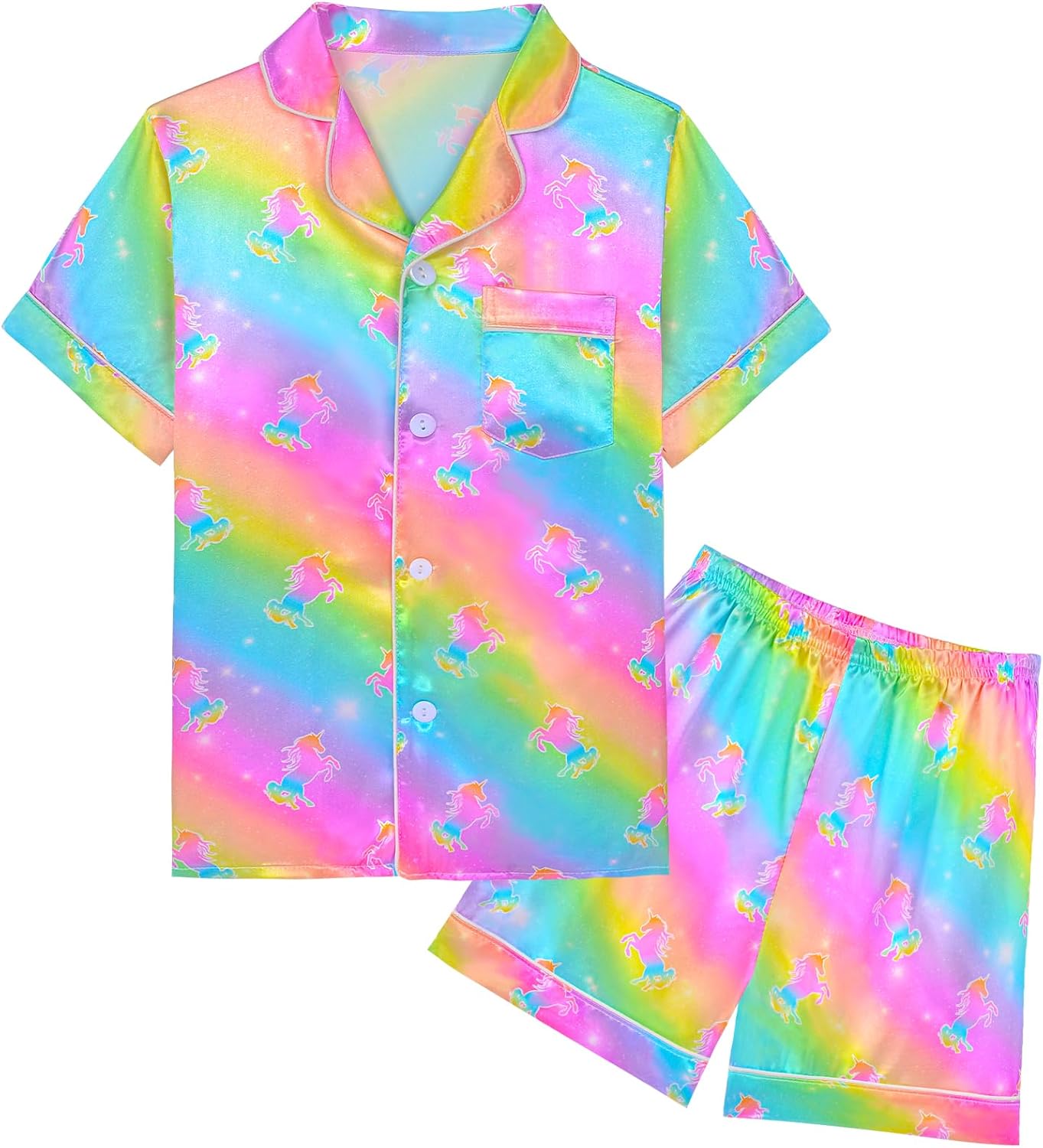 Nidoul Girls Pajamas Satin Short Sleeve Button Down Silky Pjs Girls' Sleepwear Set for Toddler Kids 3T-10Y