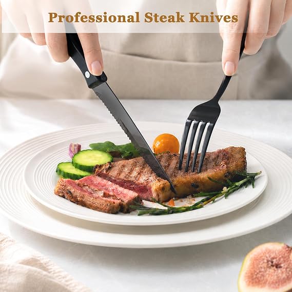 Astercook 24-Piece Black Silverware Set with Steak Knives Flatware Set for 4 Food-Grade Stainless Steel Cutlery Set Mirror Polished Utensils Set Include Spoons and Forks for Home Kitchen Restaurant