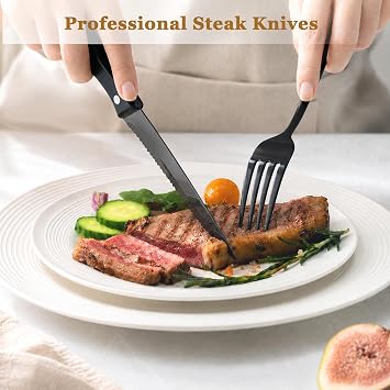 Astercook 24-Piece Black Silverware Set with Steak Knives Flatware Set for 4 Food-Grade Stainless Steel Cutlery Set Mirror Polished Utensils Set Include Spoons and Forks for Home Kitchen Restaurant