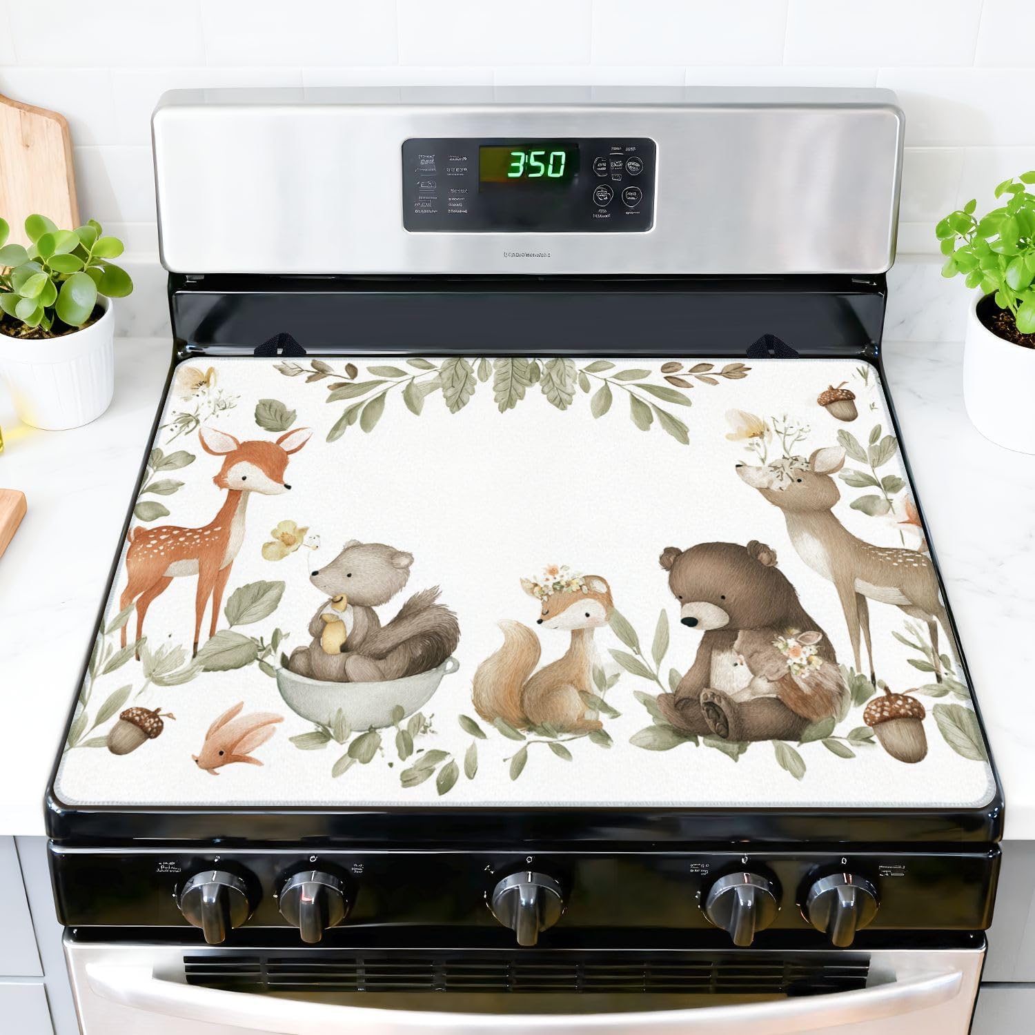 Stove Top Covers for Electric Stove Woodland Animals watercolor forest baby Glass Cooktop Burner Covers Heat Resistant Protector Kitchen Decor Keep Stove Clean 28''x20''