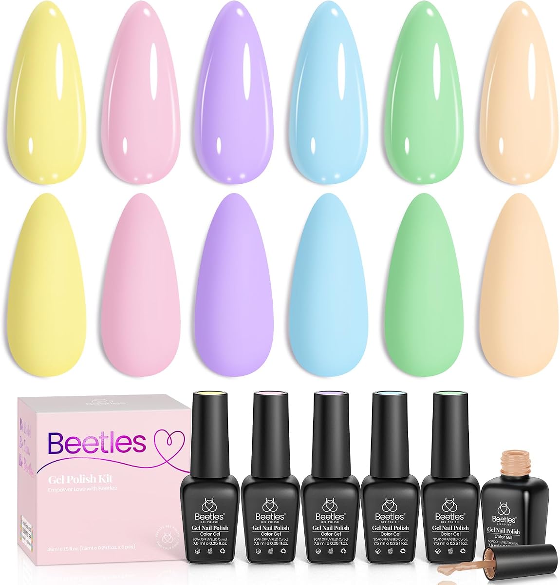 Esmalte de uñas en gel pastel Beetles, juego de esmalte de gel en colores pastel Macaron de 6 colores | Juego de uñas de colores amarillo, rosa y azul, diseño de uñas suaves para arte de uñas DIY, manicura de Gel UV