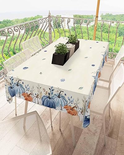Miniatura 3 de Mantel de calabaza azul naranja y blanco impermeable para mantel redondo, rectangular, ovalado, cuadrado, 60 x 84 pulgadas, mantel decorativo para