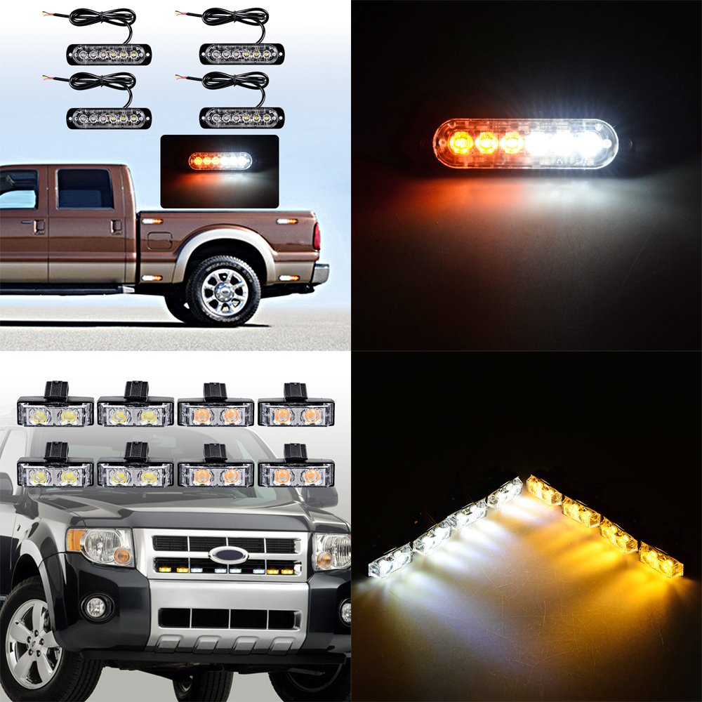 Astra Depot 12PCS Ultra Slim 6-LED 18W Emergency Hazard Caution Surface Mount Strobe Light & 8pcs Car Truck Grille Deck Dash Flashing Light - Amber White