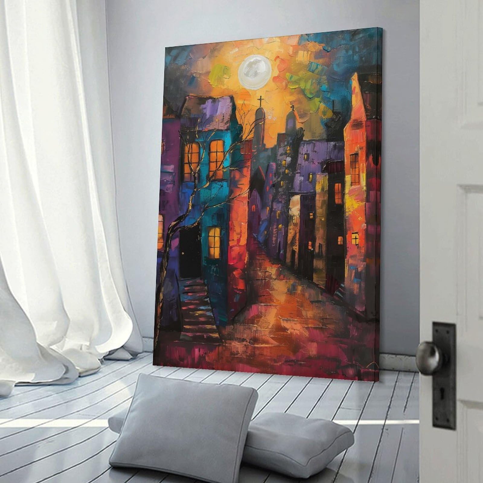 Junmoney Frame-Style Canvas Wall Art Moonlit European Cityscape Painting, 20X30inch(50X75cm), For Lounge, Study, Hallway Or Flat Walls, Canvas Wall Art That Fits Changing Layouts
