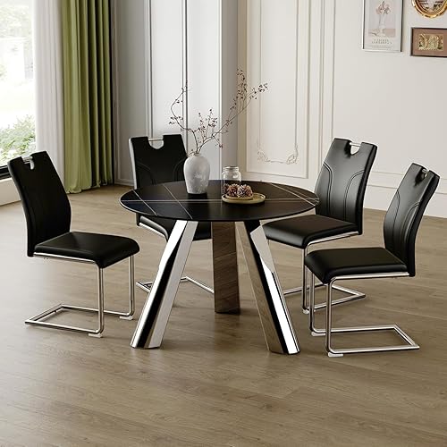 Miniatura 3 de Juego de 2 sillas de comedor modernas de poliuretano con respaldo alto, patas de metal cromado suave para comedor, sala de estar, dormitorio (negro