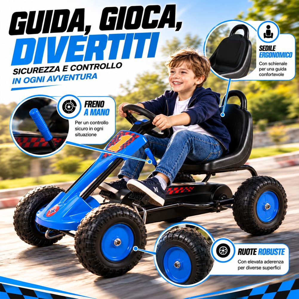 BAKAJI Go Kart a Pedali per Bambini dai 5 ai 12 Anni, Sedile Regolabile ed Ergonomico, Ruote in Gomma Pneumatici ad Alta Tenuta, Bici per Bambini con Telaio Resistente e Freno a Mano