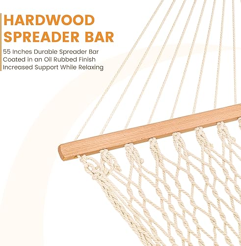Miniatura 5 de Lazy Daze Hammocks Hamaca de doble cuerda, hamaca tradicional de cuerda de algodón tejida a mano para 2 personas con barra separadora, cadenas,