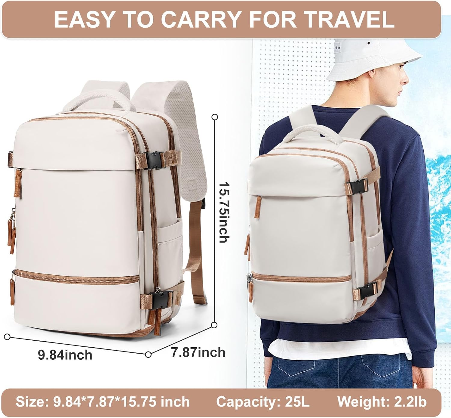 suwasp Travel Backpack Simple Durable Carry On Backpack with Shoe Compartment, Personal Item Travel Bag Flight Approved, Water Resistant Laptop Backpack for Women Men Weekender Business, Beige