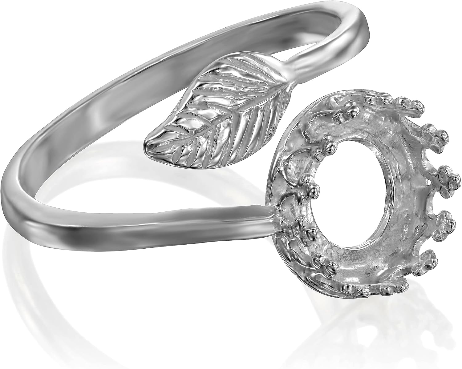 925 Sterling Silver 2 Pcs Adjustable Bypass Leaf - 6 to 9 Ring Base - 8mm Round Bezel Cup Setting - DIY Blank Rings for Jewelry Making Supplies - Adjustable Fit - Ring Blanks for Stones