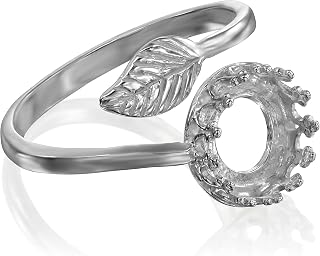 925 Sterling Silver 2 Pcs Adjustable Bypass Leaf - 6 to 9 Ring Base - 8mm Round Bezel Cup Setting - DIY Blank Rings for Jewelry Making Supplies - Adjustable Fit - Ring Blanks for Stones