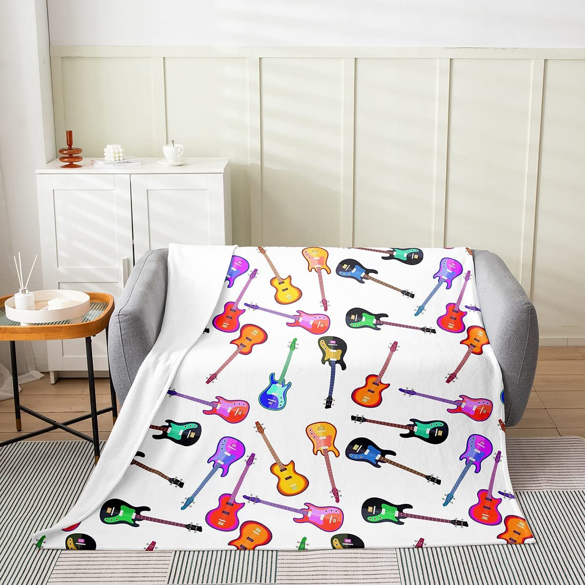 Loussiesd Coperta in pile per chitarra, per tutte le stagioni, musica rock, musicale, colorato, per chitarra, per letto, divano, camera da letto, peluche, popstar party, regina 200 x 200 cm