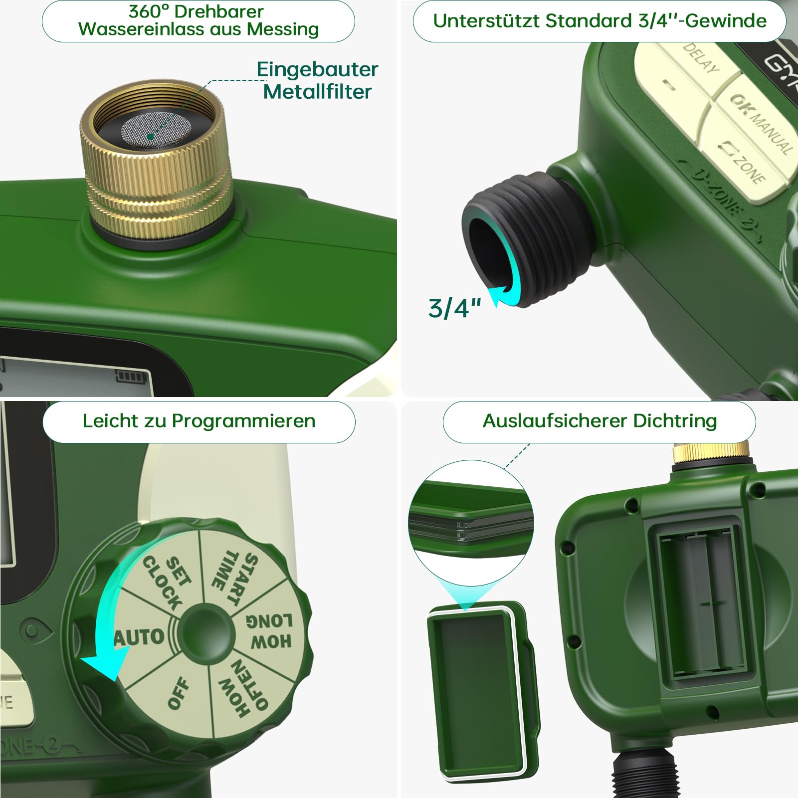 GMR Bewässerungscomputer mit Messingeinlass, Bewässerungssteuerung für Gartenschlauch, Bewässerungsuhr mit Regenverzögerung/Manuell/Automatisch, Bewässerungssystem für Garten, 2 Ausgänge