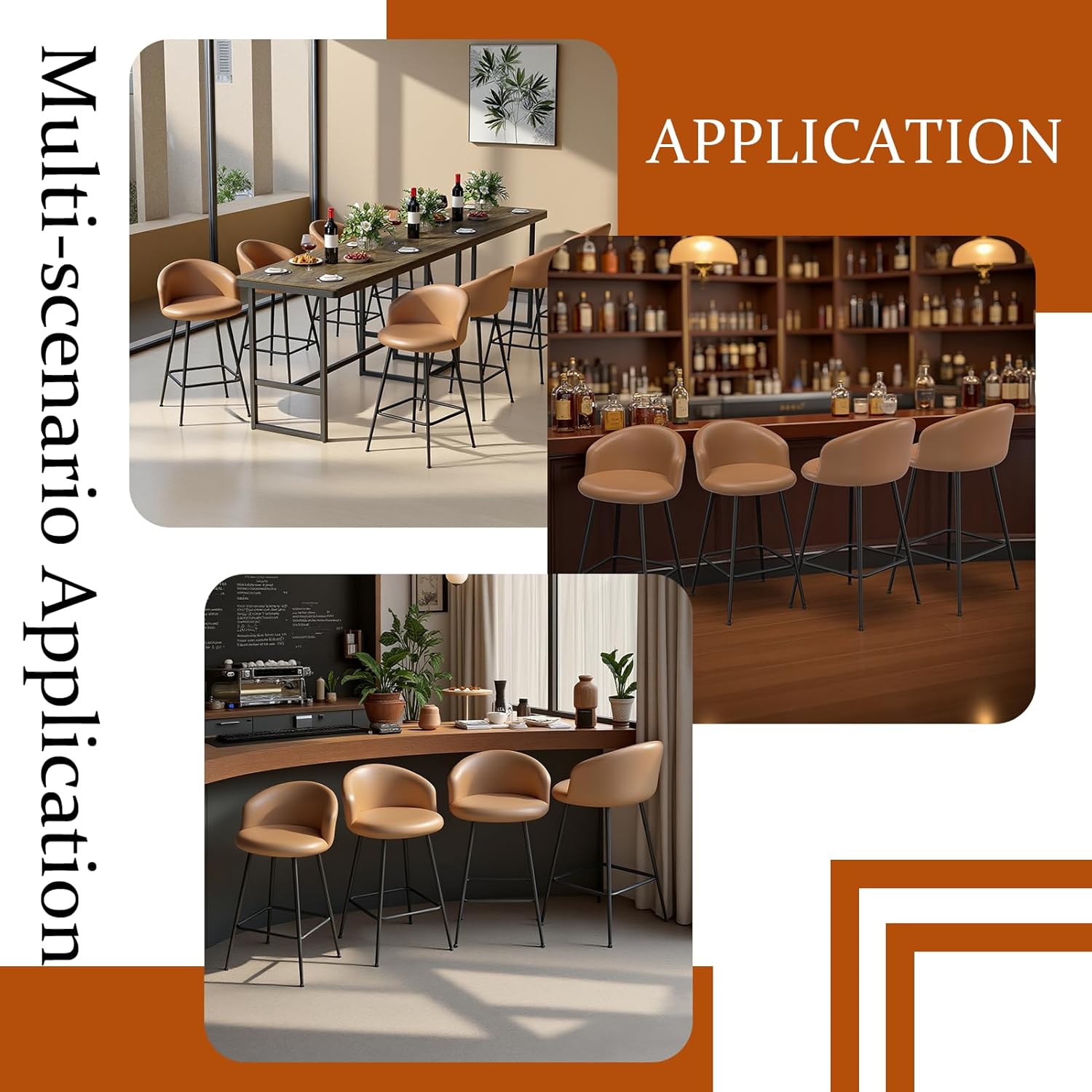 Counter Height Bar Stools Set of 4, 24 inch Bar Stools with Soft Backrest, Leather Upholstered Barstools for Kitchen Island, Brown