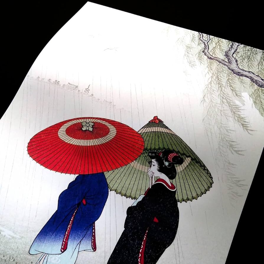 Amazon.co.jp: 小原古邨『雨の中の二人の女』浮世絵 アート 光沢