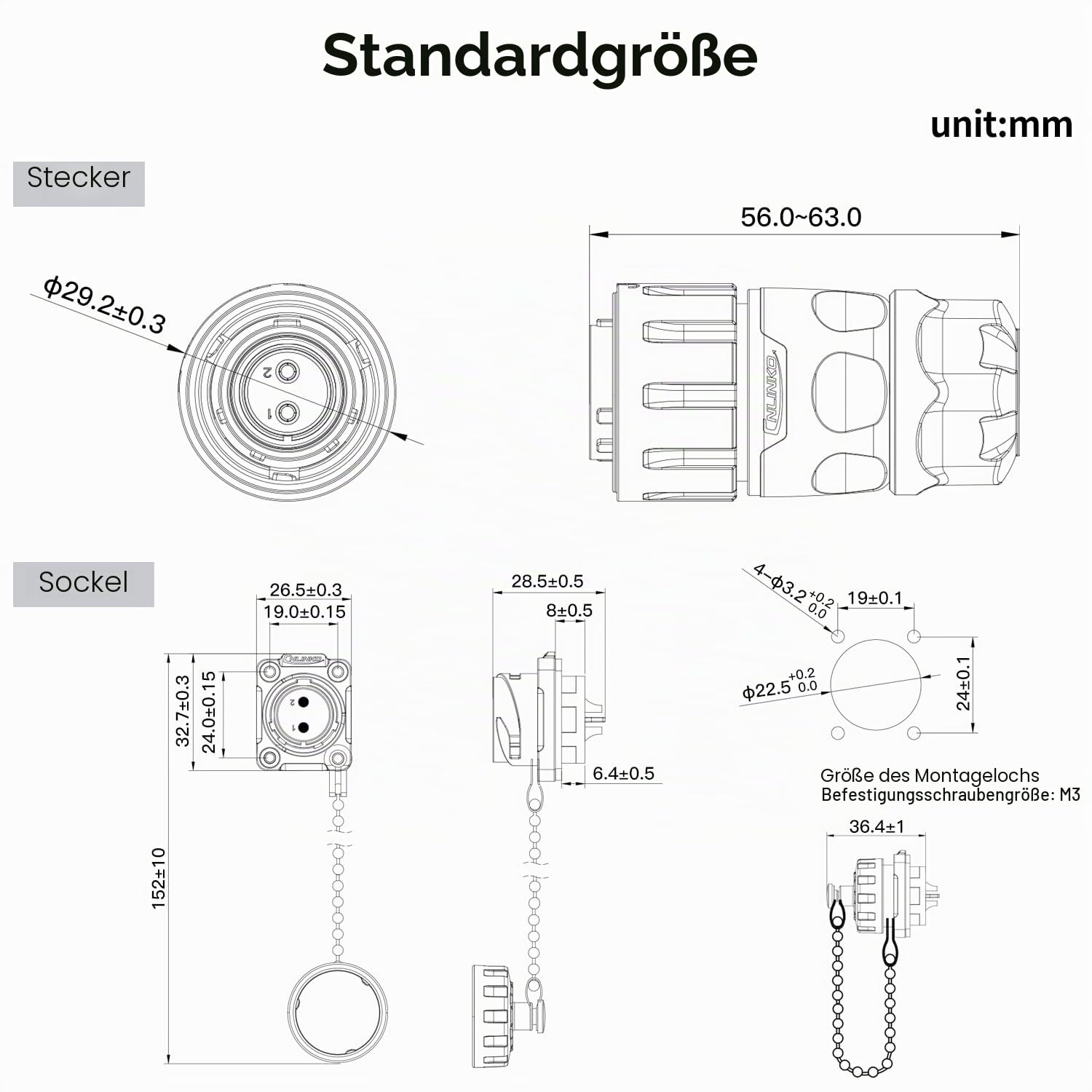 CNLINKO YM-20 2 Polig Reverse Mount Wasserdichter Steckverbinder Industrieller IP68 Rundsteckverbinder Luftfahrtstecker PBT-Gehäusestecker Aviation-Anschluss M20 Flanschdose