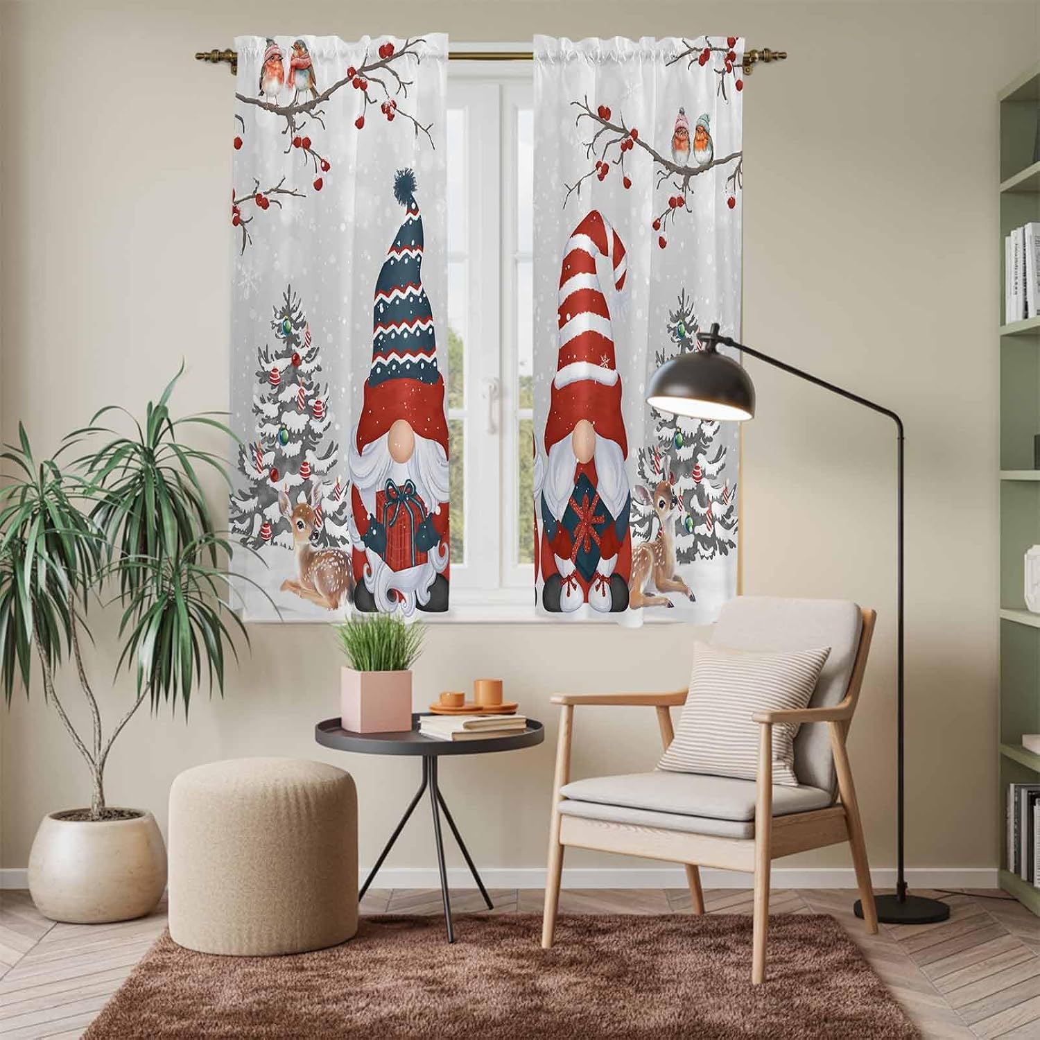 Christmas Grey Kitchen Curtains, Gnomes Xmas Tree Cardinal Birds Snowflake Snowflake Light Filter Window Curtain Panels,2Pcs Rod Pocket Window Treatments Set for Living Room Bathroom Bedroom 42''x63''