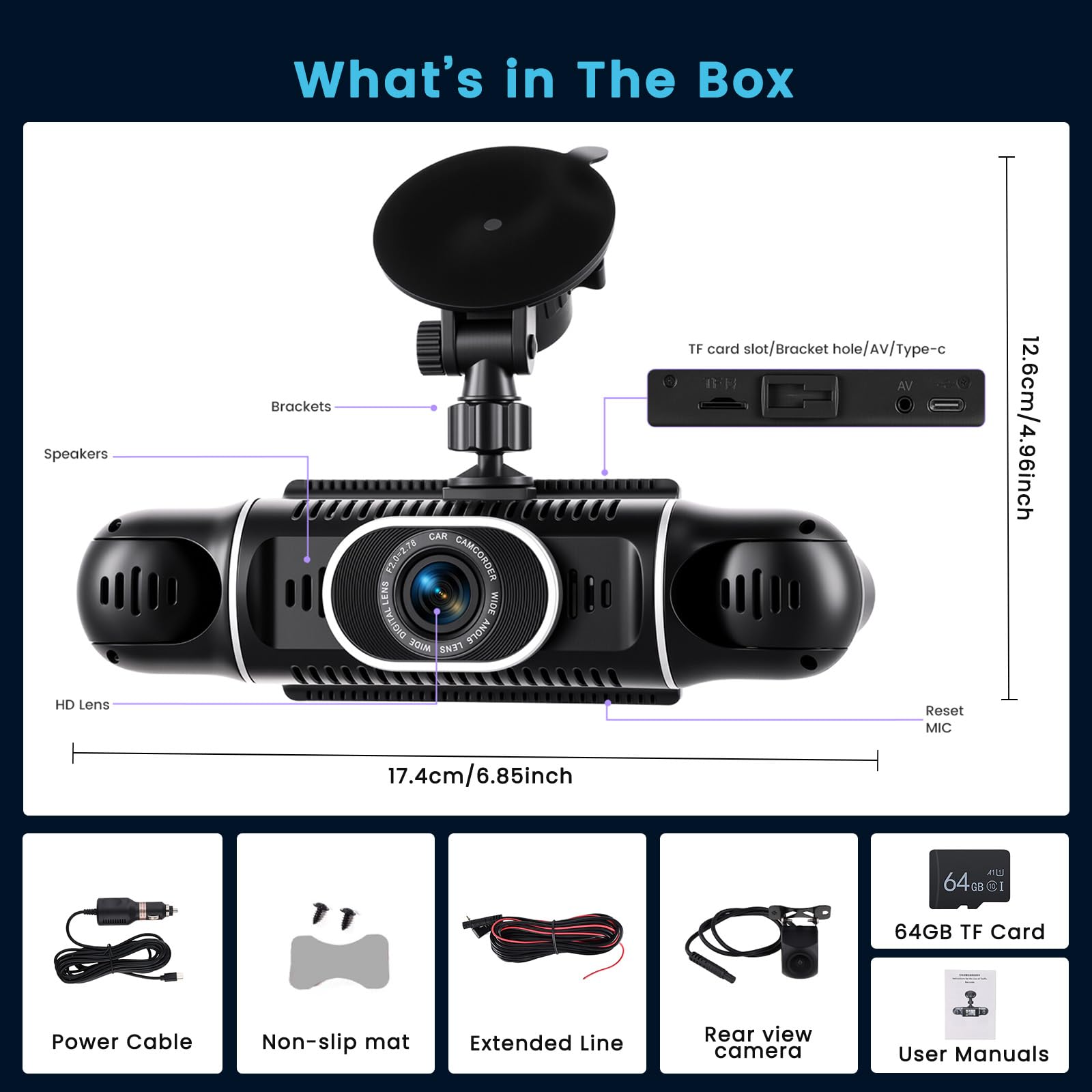 Inefala 2K WiFi Dashcam Coche Delantero Trasero Interior, con Tarjeta SD 64G, 2K+1080P*3 FHD 4 Canales Dash CAM, Cámara para Coche 360°con Ayuda a Marcha Atrás, Sensor G, visión Nocturna