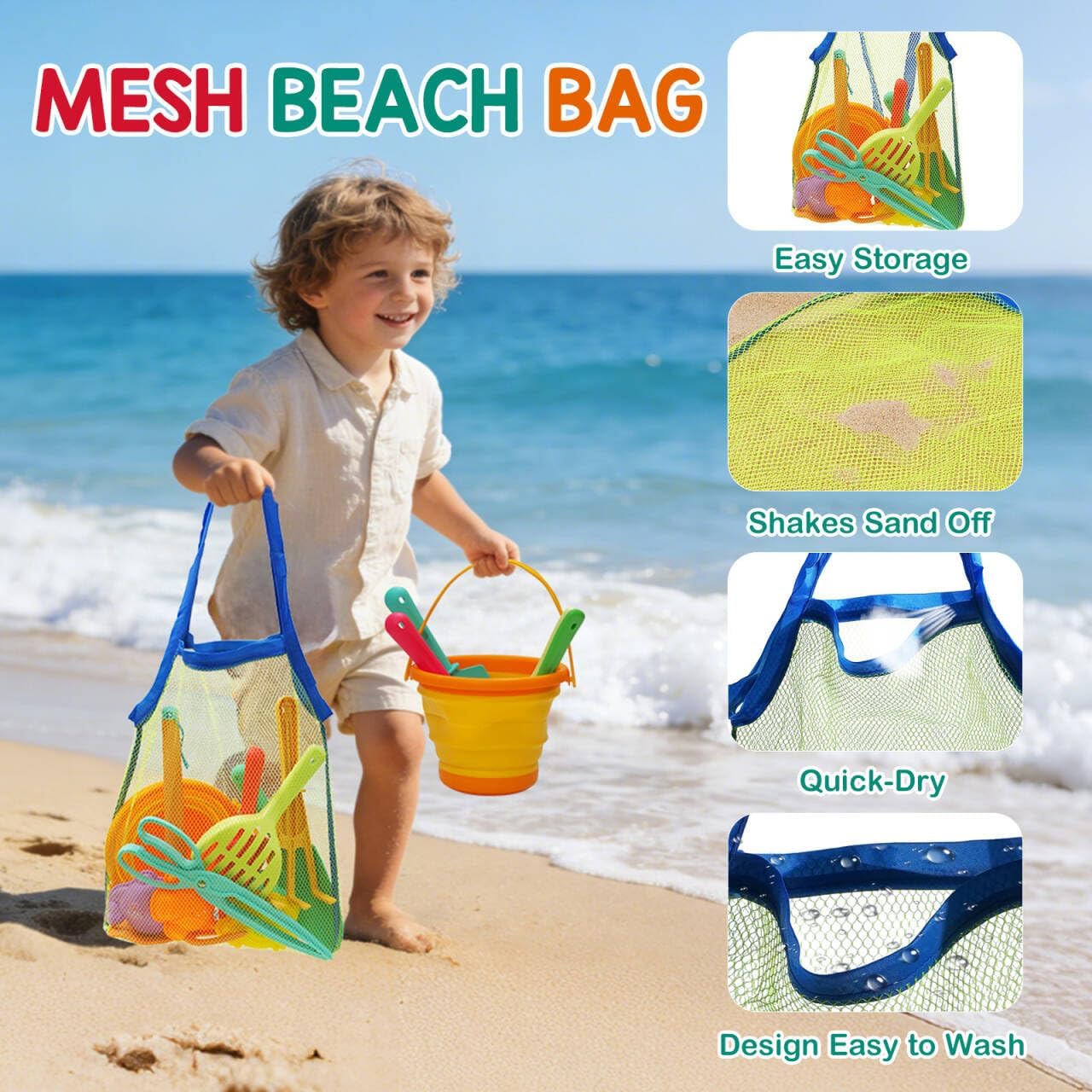 Beach Toy Set for Kids Sand Toys Summer Outdoor Play with Mesh Bag-Includes Collapsible Bucket, Mesh Shovel, Sand Shovel,Scissors Pliers,Rake Mold Kit
