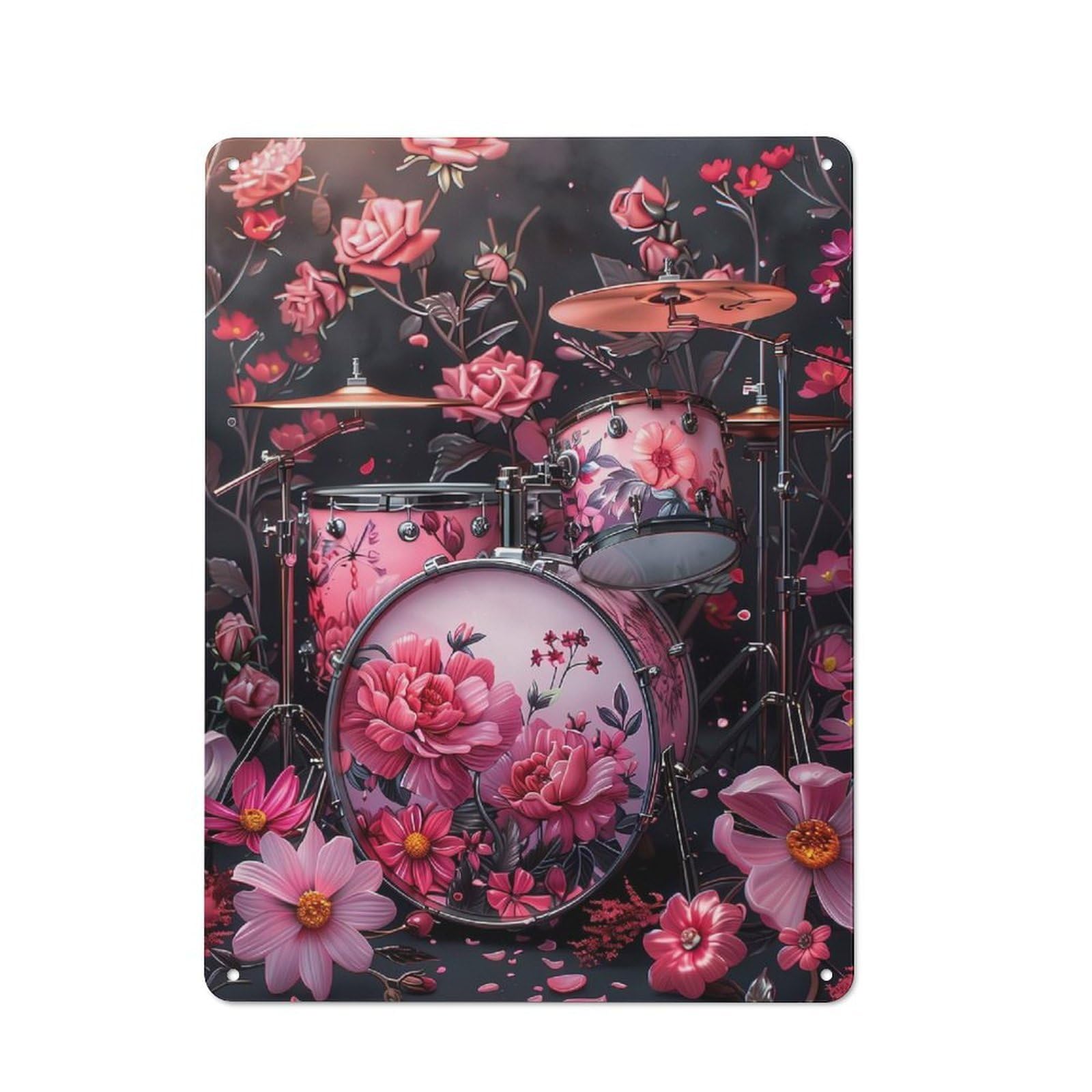 Junmoney Floral Drum Kit Rustic Metal Sign 40X30cm For Garden Room Or Summerhouse, For Summerhouse Decorators