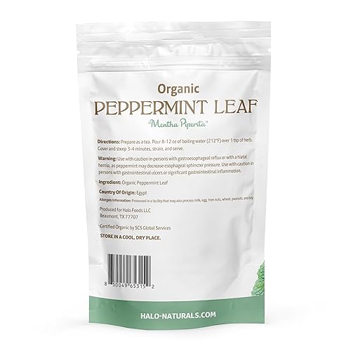 Miniatura 4 de Halo Naturals Hoja de menta orgánica cortada y tamizada, 4 onzas (Mentha piperita) Certificado USDA  Bolsa resellable  Empaquetada en los Estados