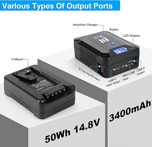 Miniatura 2 de FXLION Nano ONE - Batería mejorada de montaje en V, 50 Wh 14.8 V 3400 mAh, cargador inalámbrico integrado, con D-Tap, USB-A, puertos USB-C para