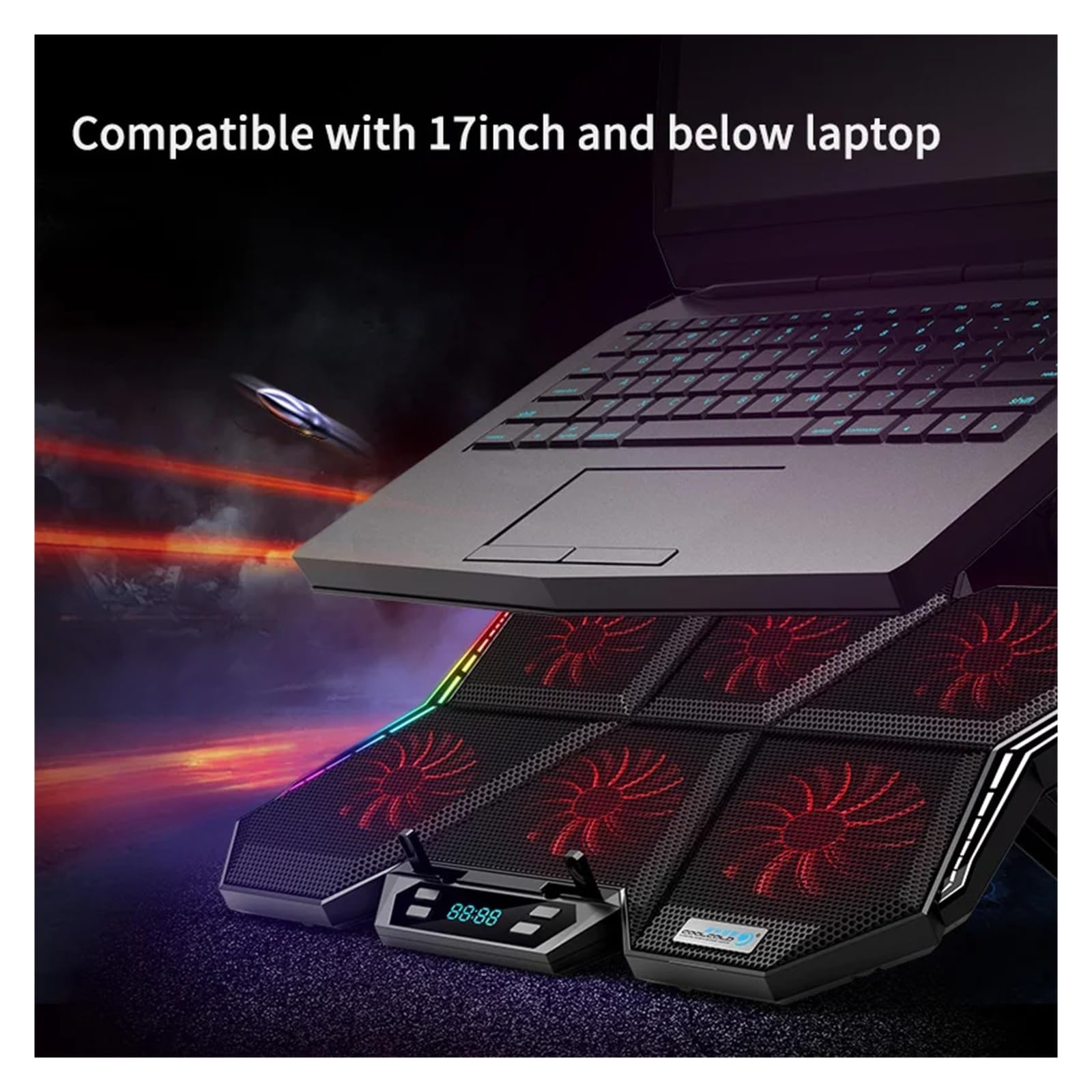 Dispositivo di raffreddamento for laptop RGB da gioco Supporto for dispositivo di raffreddamento for notebook con schermo a LED da 12-17 pollici con sei ventole e 2 porte USB(RGB-Blue)