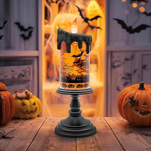 Miniatura 3 de Vela sin llama de globo de nieve de Halloween, linterna iluminada con purpurina con agua giratoria y temporizador, decoración de Halloween con