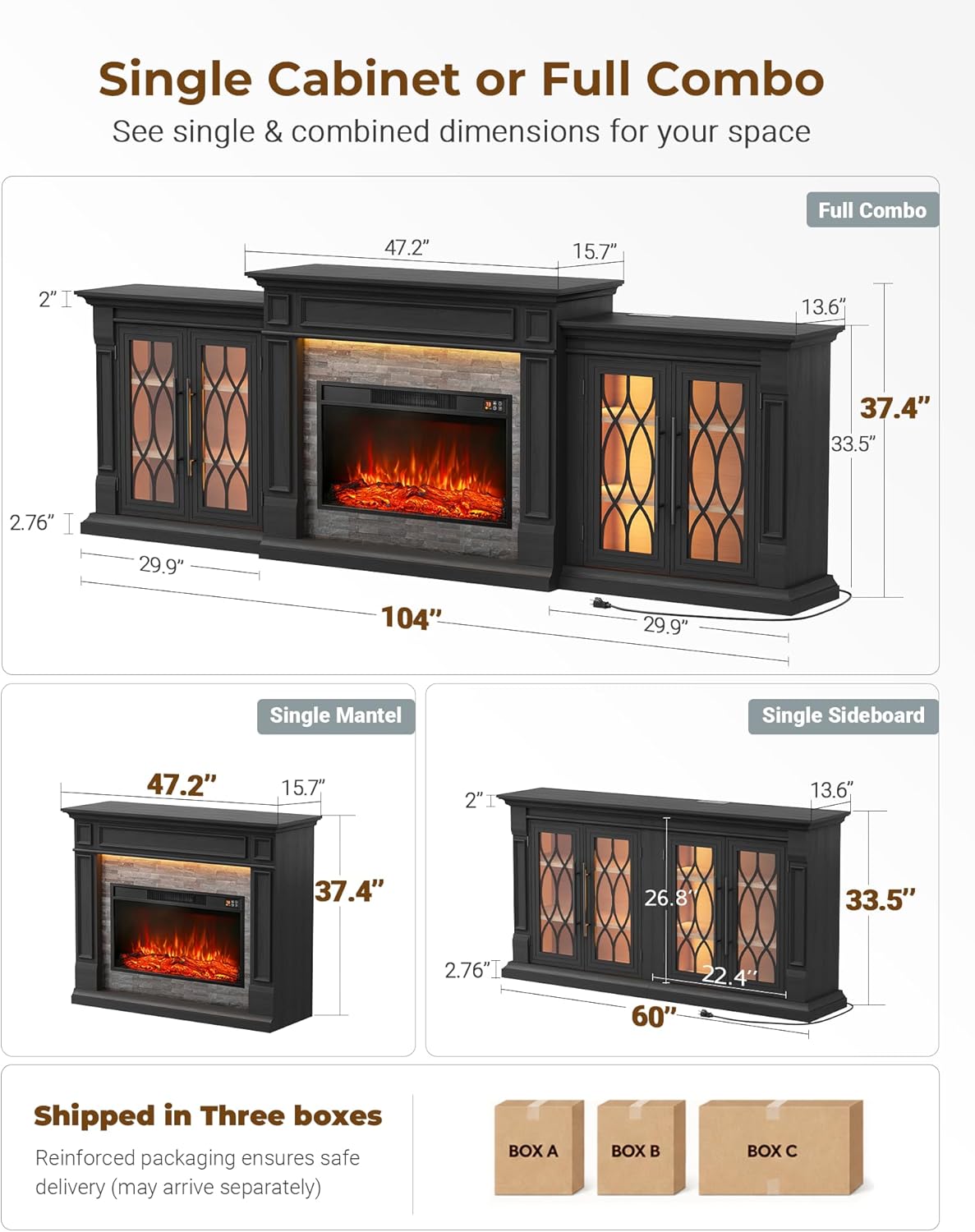 LGHM 104" LED Fireplace TV Stand with Outlet for TVs Up to 100 Inch, Electric Fireplace with Mantel, Entertainment Center with Storage, 30'' Fireplace Heater Insert with for Living Room, Black 10 71F75JSICsL. AC SL1500