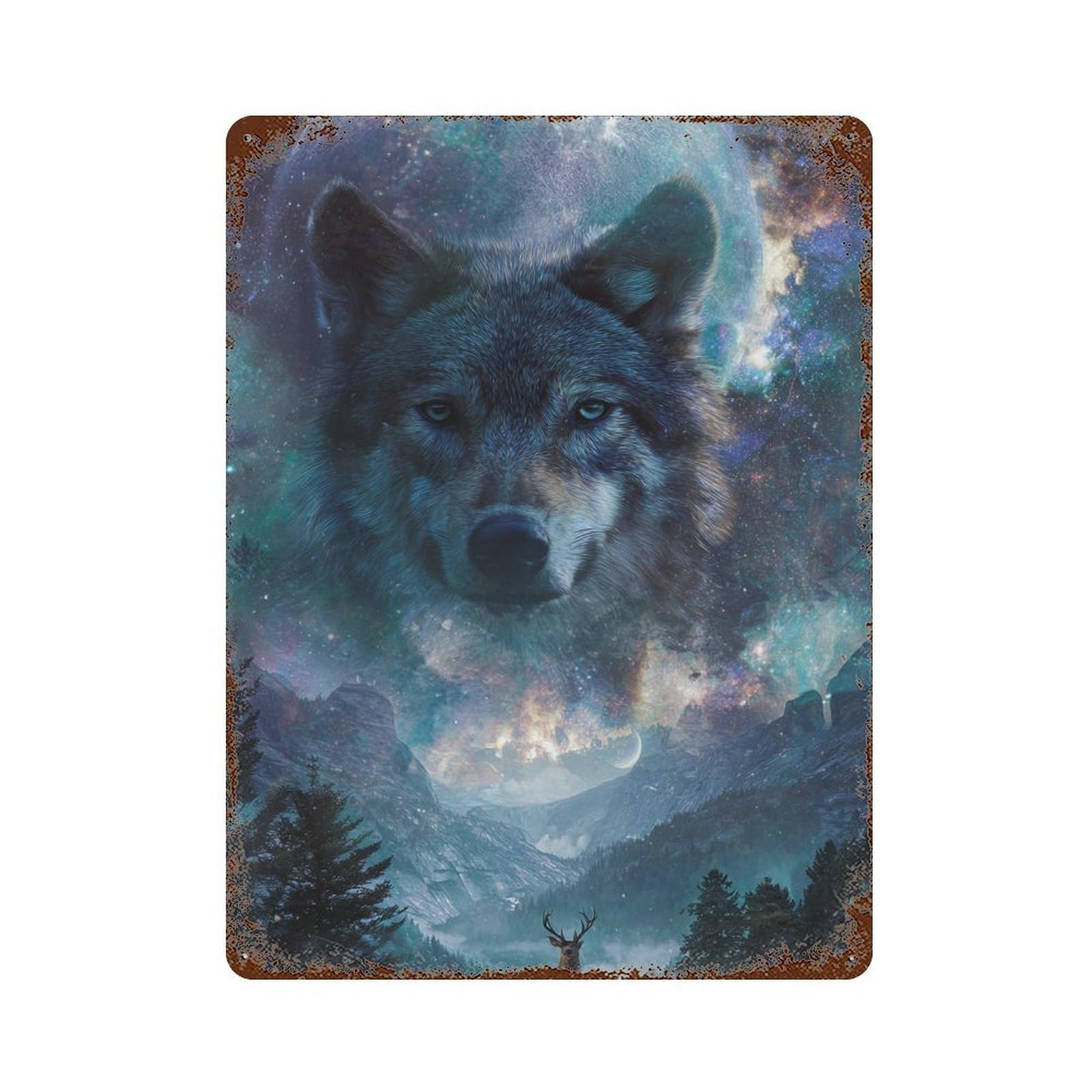 Wolf Moon Fantasy Landscape Vintage Rust Metal Sign 15.7"x11.8", for Garage, Bar And Workshop Decor, Decorative Metal Wall Art