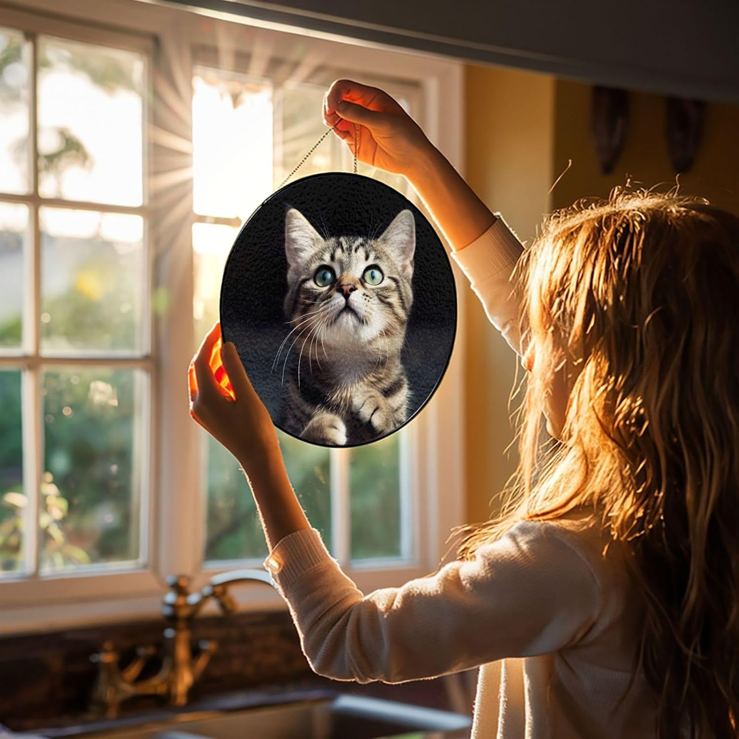 Stained Glass Window Hanging 10in Window Suncatcher Glass Panel with Metal Chain Cat Sun Catchers Wall Art Home Decor Gift for Women Mother's Day