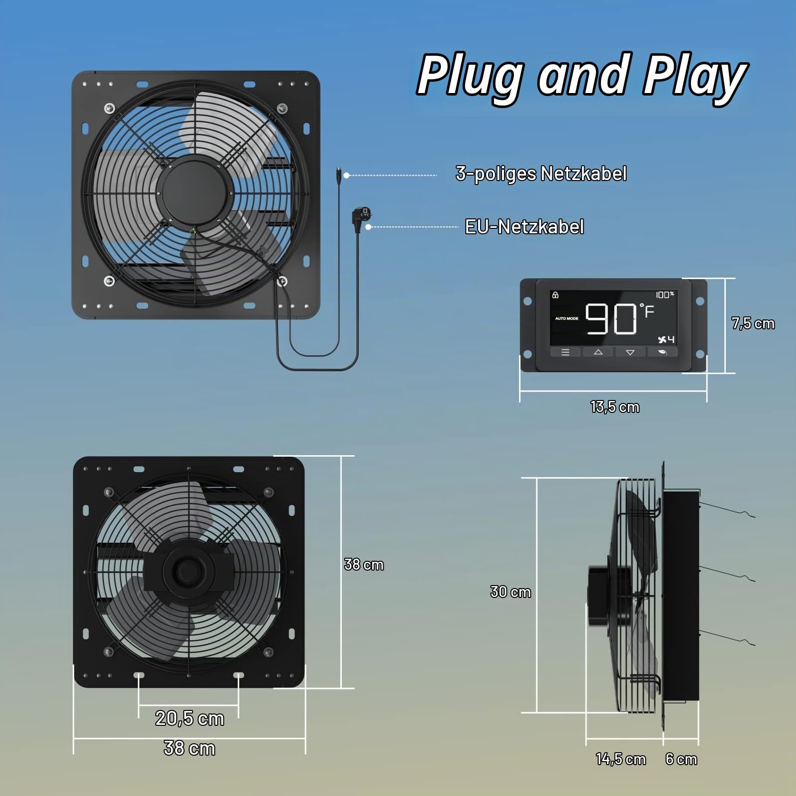 Aygrochy 300mm abluftventilator mit temperatursensor für keller Garage