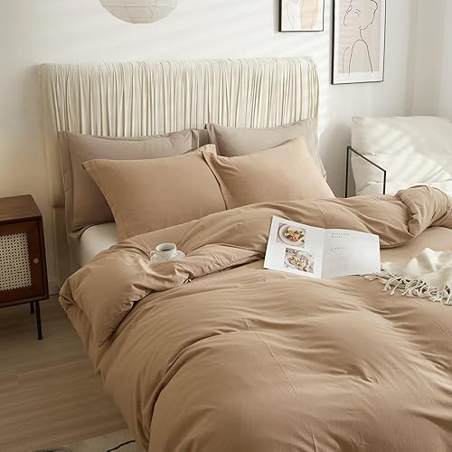 Miniatura 8 de VClife Juego de funda de edredón de color beige y café, estilo simple, 3 piezas, color liso, 1 funda de edredón matrimonial y 2 fundas de almohada