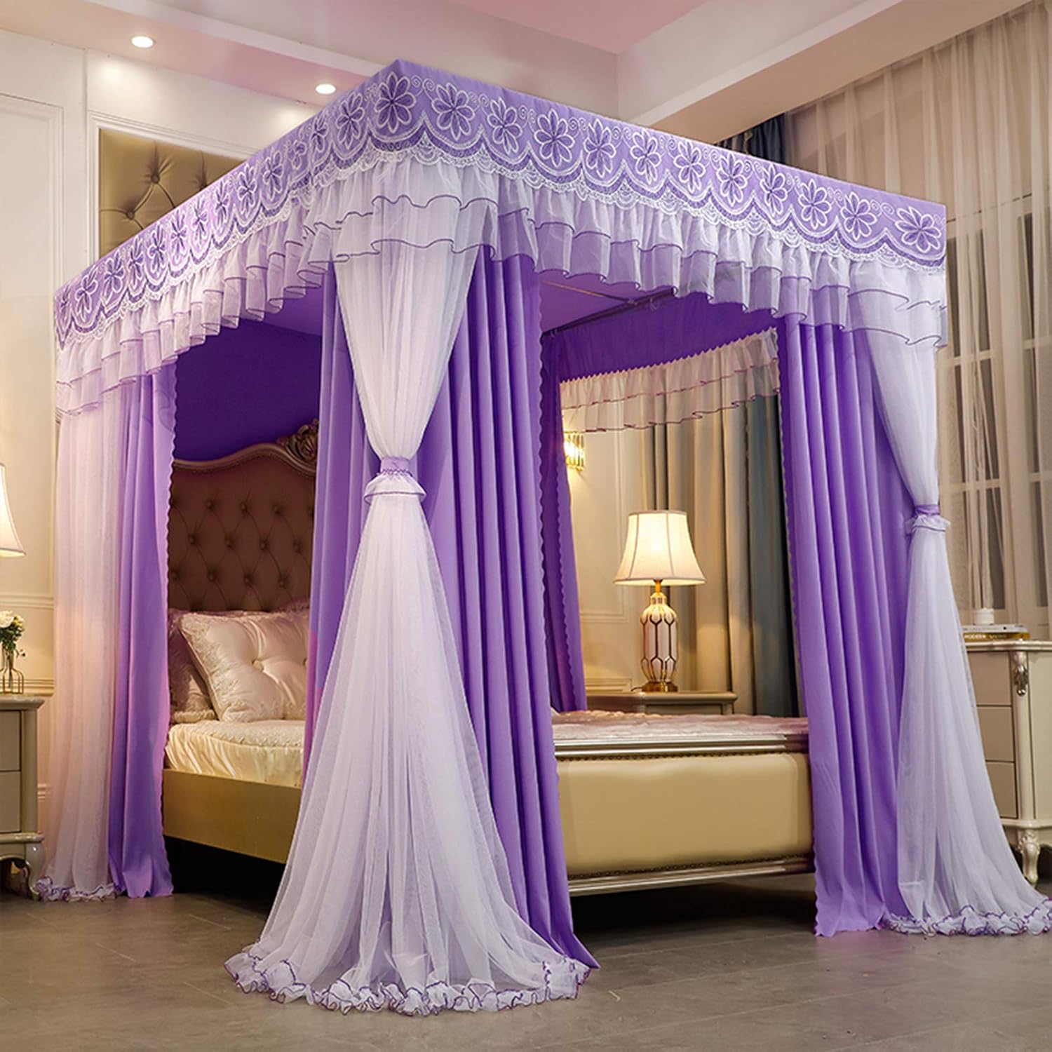 4 Corners Post Ruffle Princess Bed Canopy Curtain - Double Layer Cozy Drape Netting 4 Opening Mosquito Net Bed Tent for Adults Bedroom Decoration (Purple 180 * 220 * 200cm)