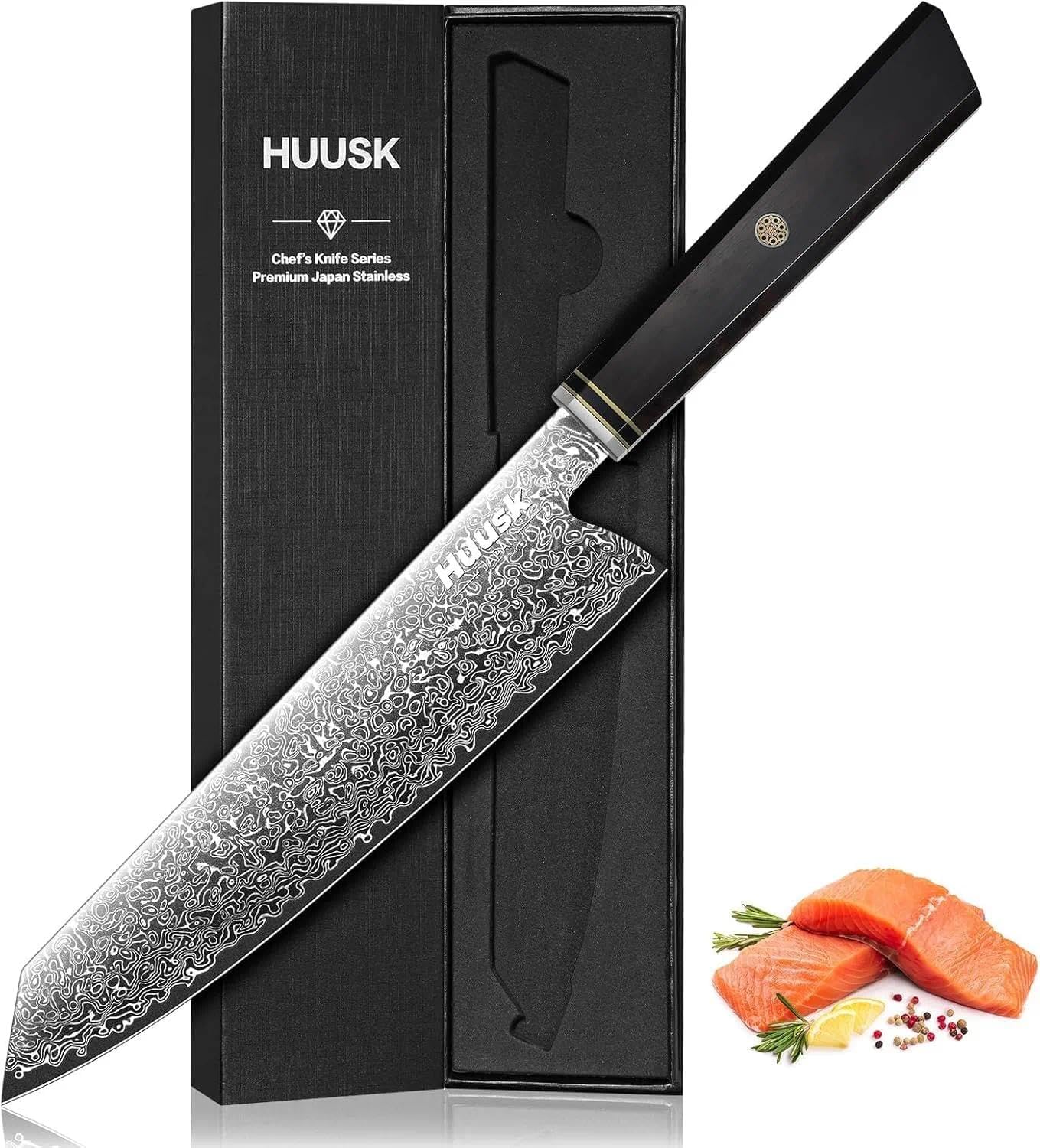 Huusk Damascus Kiritsuke Knife 8 inch - Japanese Knives with Wooden Handle, Hand Forged Chef Knives for Home Use, Razor Sharp Cooking Knife, Birthday Christmas Gifts for Men Women