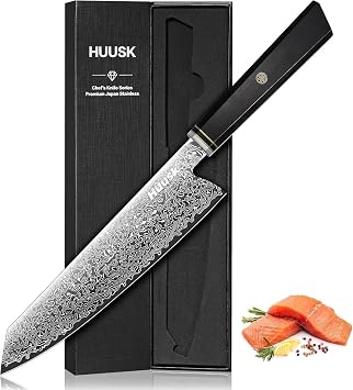 Huusk Damascus Kiritsuke Knife 8 inch - Japanese Knives with Wooden Handle, Hand Forged Chef Knives for Home Use, Razor Sharp Cooking Knife, Birthday Christmas Gifts for Men Women