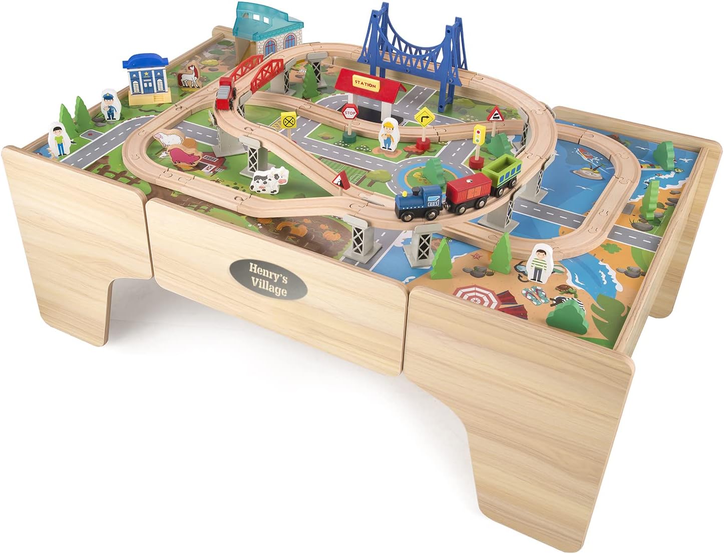 Hooga Personalised Wooden Children's Play Table, Custom Train Table with Wooden Track and 80 Piece Toy Set, 2 in 1 Multi Usage Kids Activity Bench with Your Chosen Name (Silver Vinyl)