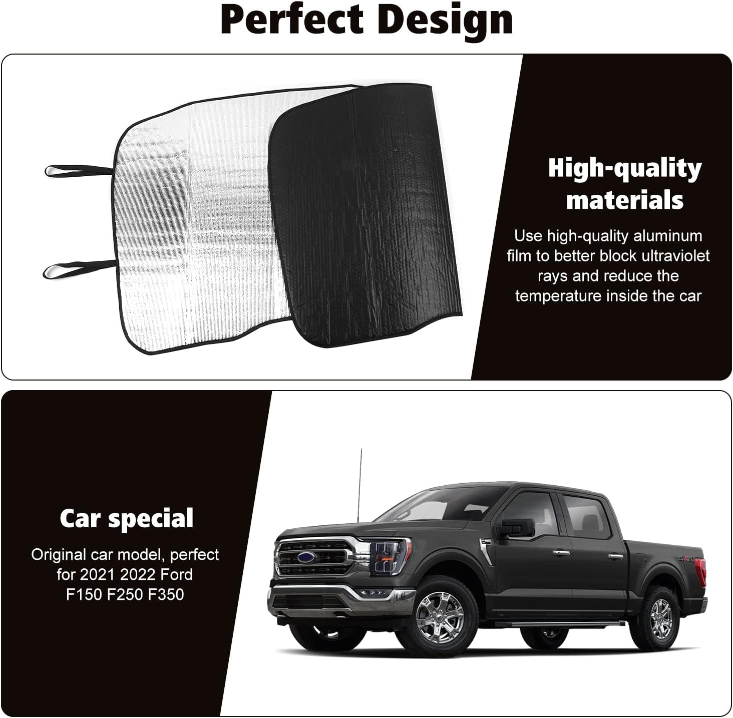 RT-TCZ Windshield Sunshade Sun Shade Heat Shield Window Sun Visor Mat for Ford F150 2021-2024,Black Back Side