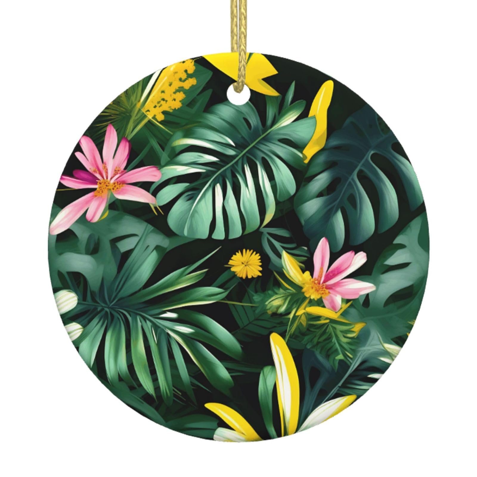 Tropical Leaves With Flowers Print Christmas Ornaments, Ceramic Hanging Ornament, Round Shape Decorations
