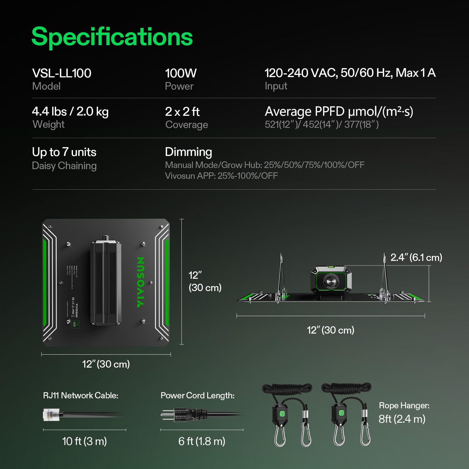 VIVOSUN Lampada Coltivazione LED 100W Spettro Completo, con Diodi Samsung, IP65, per Piante da Interno, Semina, Vegetazione e Fioritura, per Box Coltura 60x60cm, 90x90cm o Serra (Modello VS1000E)
