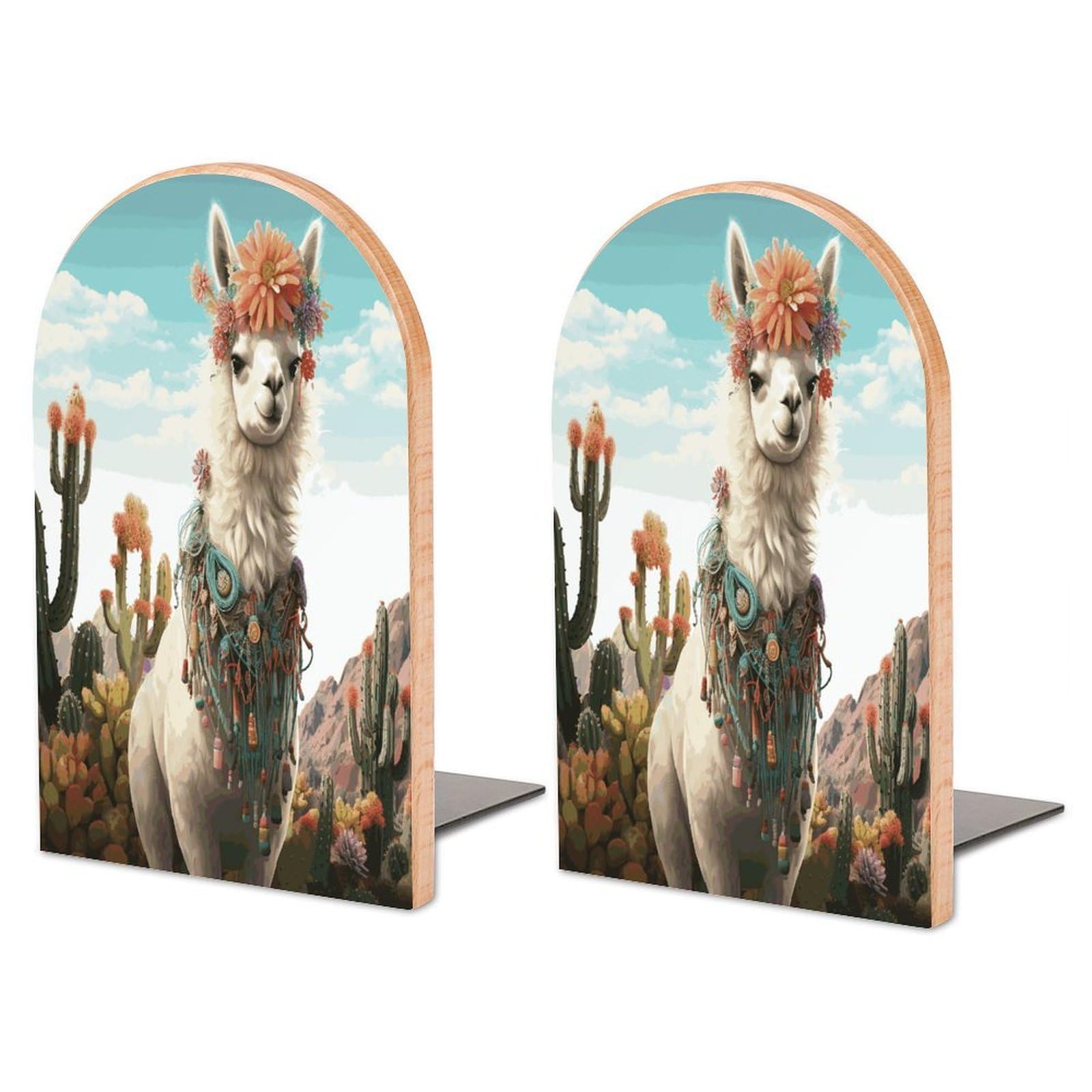 Large Mexican Llama Cactus Book End with Metal Base Fashion Heavy Duty Bookend Exquisite Wooden Bookends Non-Skid Book Stopper for Shelves Books Organizer for Office Home 1 Pair