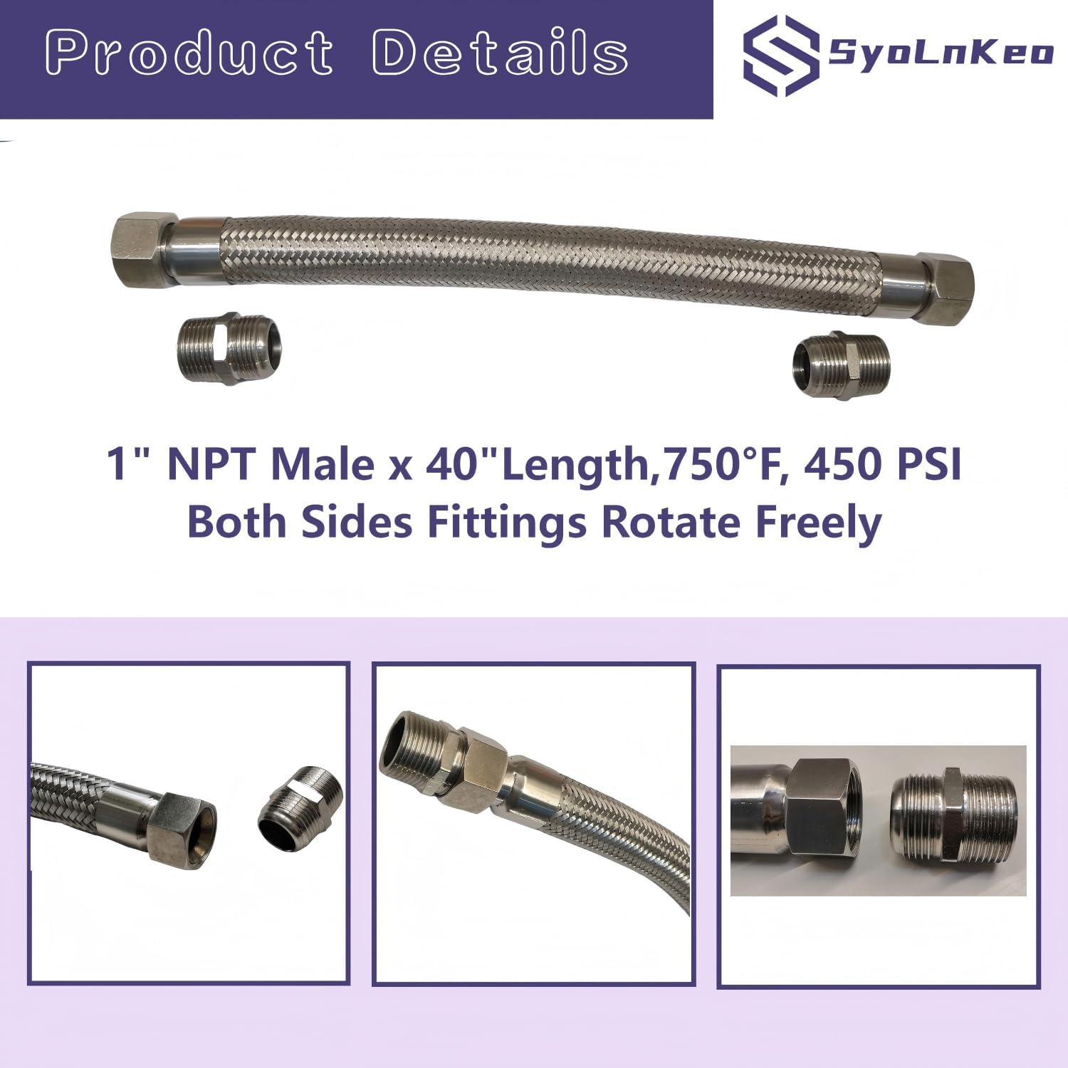 Industrial-Grade Stainless Steel 1" Compressor Jumper Hose, 1" NPT Male x 40"Length,750°F，450 PSI,Both Sides Fittings Rotate Freely