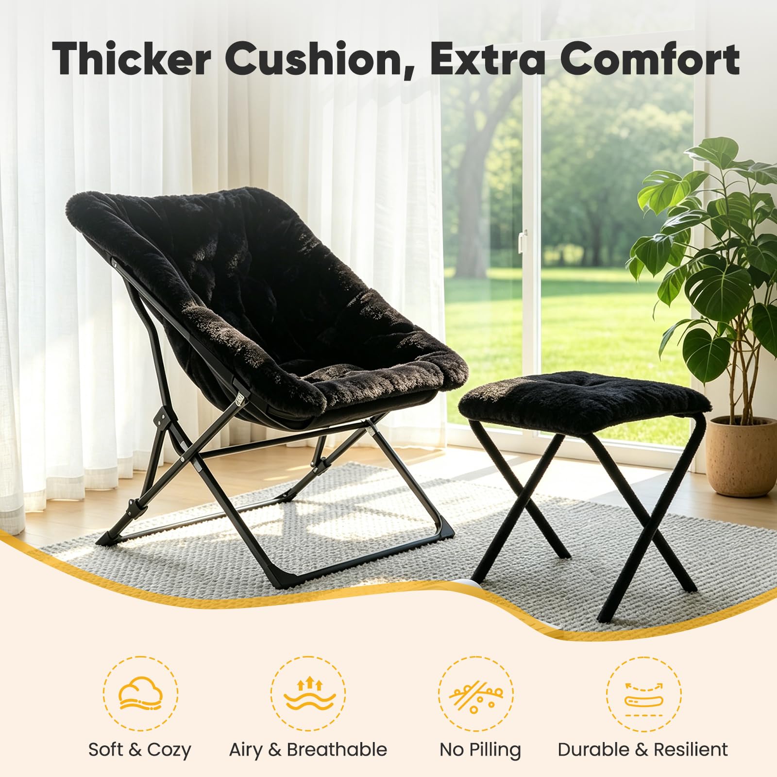Sillón Plegable de Piel Sintética con Reposapiés, Bastidor Metálico Triangular Resistente hasta 150kg, Sillón Grande Relax Adultos Lectura Gaming (Negro)