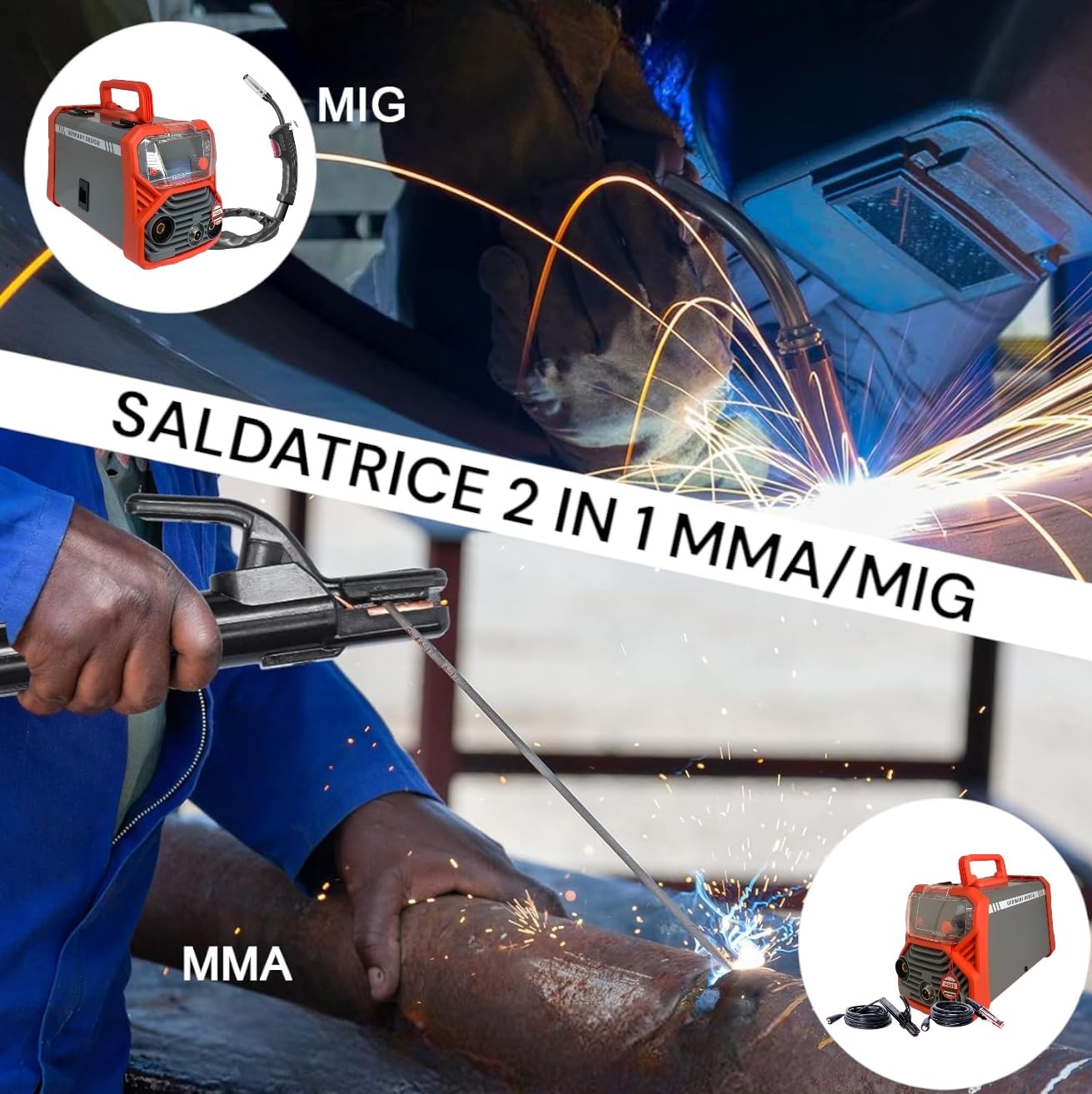 Saldatrice Multifunzione Filo Continuo MIG No GAS + MMA Elettrodo 500 Ampere per Fabbro Display Digitale Portatile Saldatura MIG MMA IGBT inverter include Filo Animato