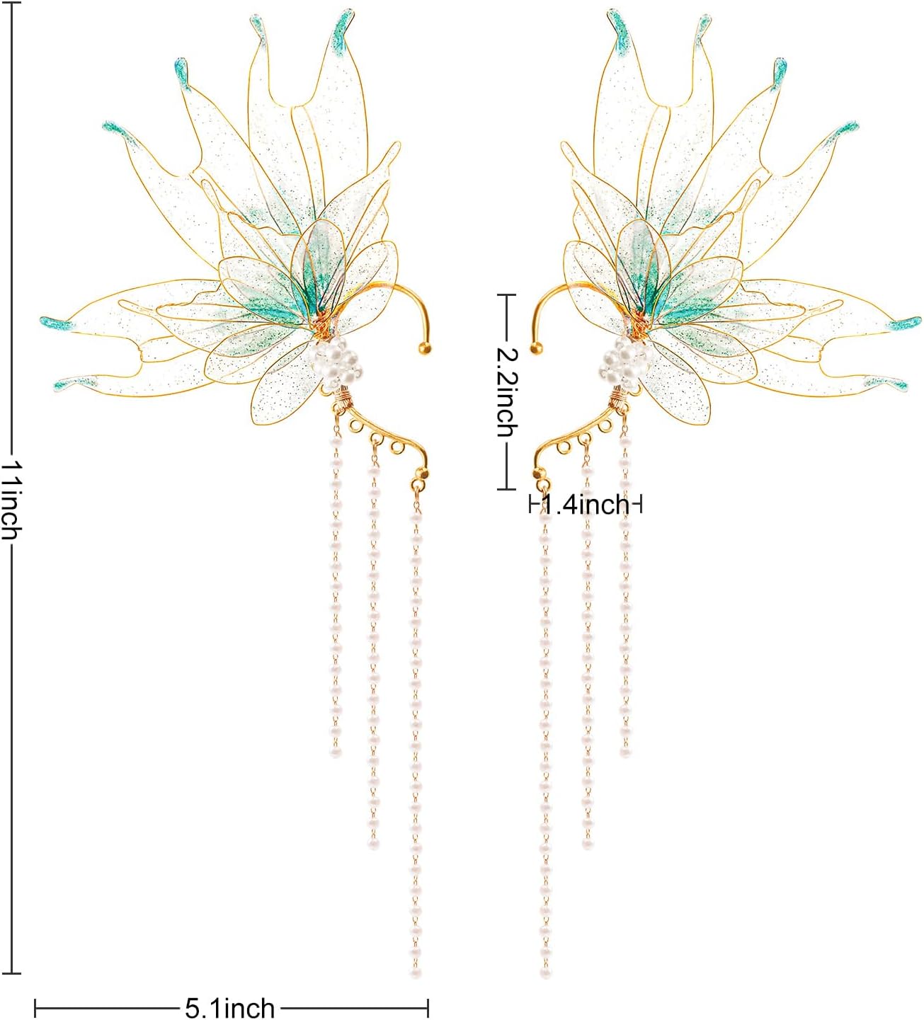 2Pcs Mermaid Elf Ear Cuffs Supplies Fairy Wings Earrings Accessories Dress up Mermaid Non Piercing Ear Clips for Women Christmas Halloween Cosplay Party Costume Accessories